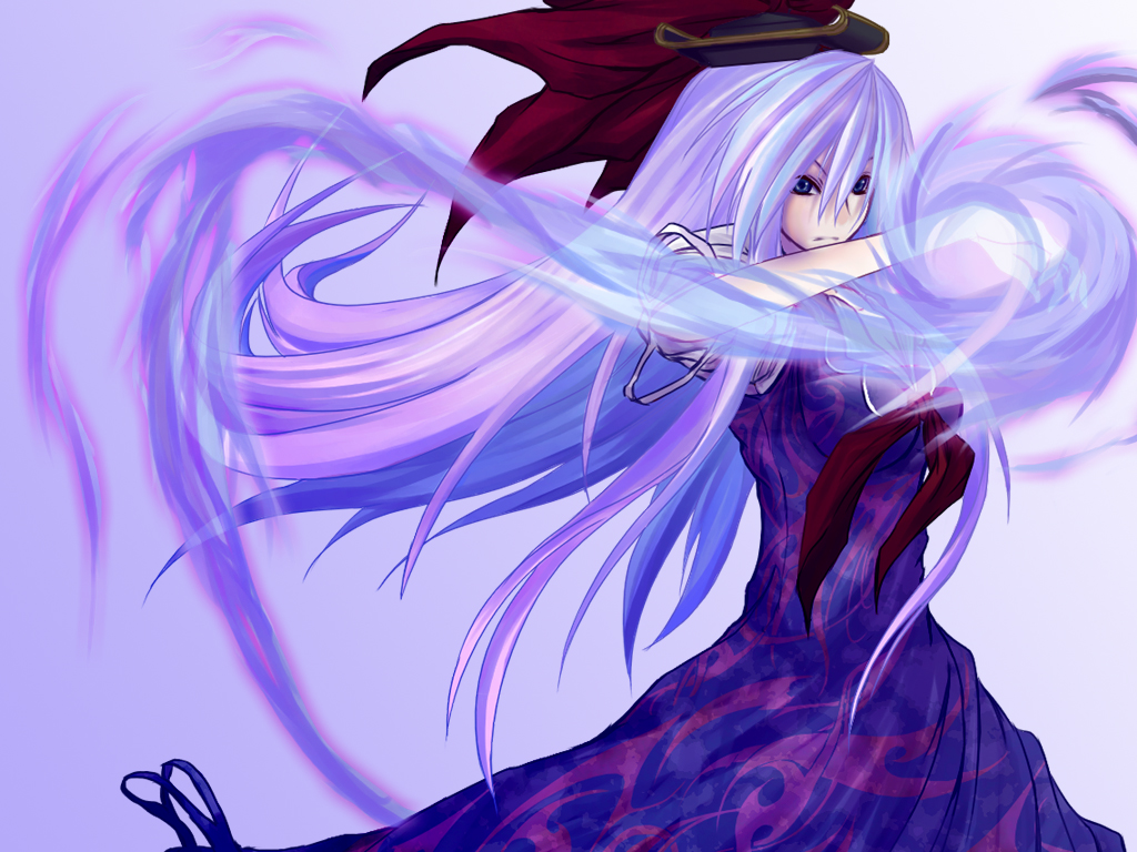 beshi, kamishirasawa keine, touhou, kerchief, silver hair, 1girl, blue dress, dress, female focus, floating hair, gradient background, hat, long hair, looking at viewer, puffy short sleeves, puffy sleeves, red eyes, red ribbon, ribbon, short sleeves, simple background, solo, tate eboshi, very long hair, wind