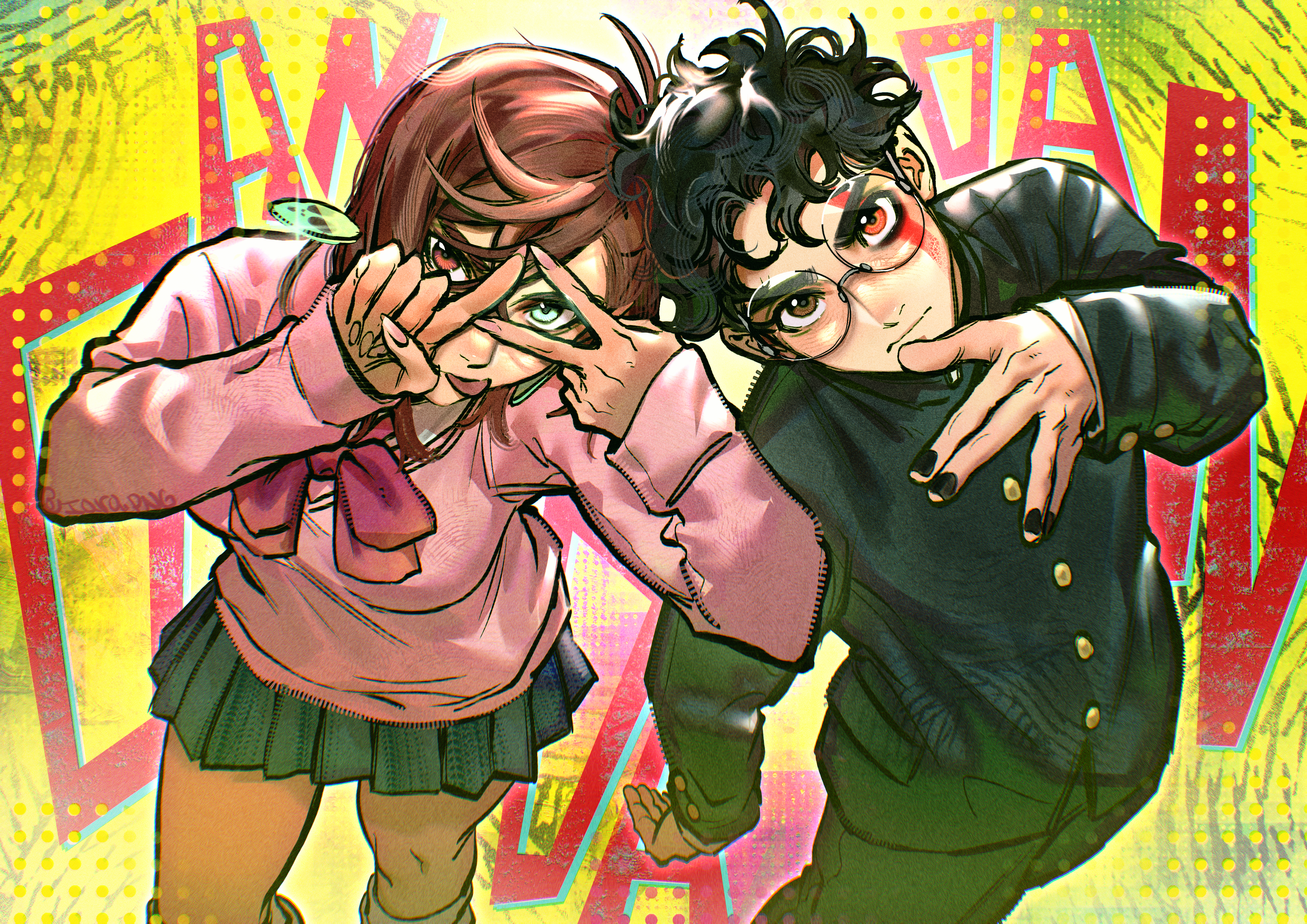 iara png, ayase momo, takakura ken (dandadan), dandadan, absurdres, highres, mixed-language commentary, 1boy, 1girl, aqua eyes, black hair, black jacket, black nails, black pants, blue skirt, bow, bowtie, breasts, brown eyes, brown hair, closed mouth, copyright name, crossed bangs, earrings, facial mark, feet out of frame, gakuran, glasses, glint, gyaru, hair between eyes, heads together, heterochromia, index finger raised, jacket, jewelry, kami high school uniform, knees, leaning to the side, long sleeves, looking at viewer, looking through fingers, loose bowtie, medium breasts, messy hair, miniskirt, pants, pink nails, pink sweater, pleated skirt, red bow, red bowtie, red eyes, round eyewear, school uniform, short hair, skirt, sleeves past wrists, socks, sweater, thighs, tongue, tongue out, v, white socks