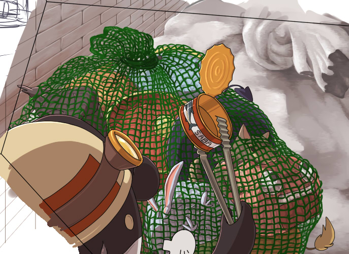 susukinohukurou, ragnarok online, commentary request, unfinished, 1other, black skin, canned tuna, colored skin, hard hat, helmet, holding, holding tongs, o o, pitman (ragnarok online), snow, solo, tongs, trash bag, upper body