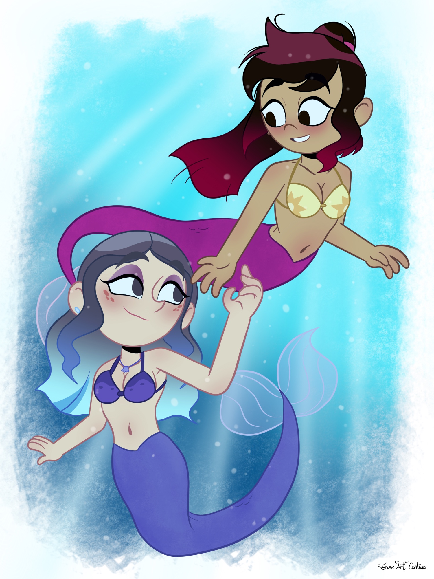 joseartcentenoofficial, andrea davenport, molly mcgee, the ghost and molly mcgee, commentary, english commentary, highres, 2girls, aged up, artist name, bra, closed mouth, eyeshadow, makeup, mermaid, monster girl, multiple girls, navel, open mouth, raised eyebrows, smile, teeth, toon (style), underwear, yuri