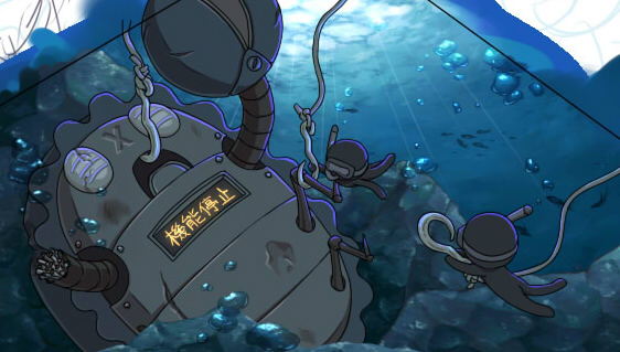 susukinohukurou, ragnarok online, commentary request, 2others, black skin, bubble, colored skin, fish hook, multiple others, pitman (ragnarok online), robot, rock, snorkel, swimming, underwater, vadon, water