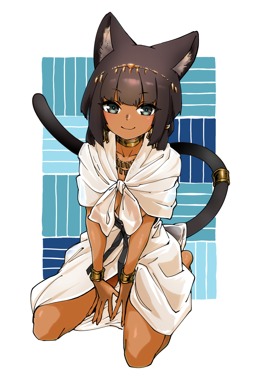 gouta (nagishiro6624), original, highres, 1girl, animal ear fluff, animal ears, black eyes, bracelet, brown hair, cat ears, cat girl, cat tail, closed mouth, collar, dark-skinned female, dark skin, dress, earrings, eyebrows hidden by hair, flat chest, full body, jewelry, light blush, looking at viewer, medium hair, necklace, seiza, sitting, smile, solo, tail, white dress