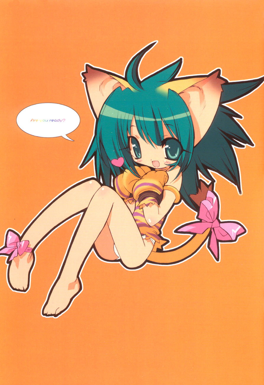 blade (galaxist), cham cham, samurai spirits, snk, highres, 1girl, animal ears, animal hands, animal print, barefoot, blush, cat ears, cat tail, feet, female focus, gloves, green eyes, green hair, heart, matching hair/eyes, panties, paw gloves, ribbon, sitting, solo, tail, tiger print, underwear, white panties
