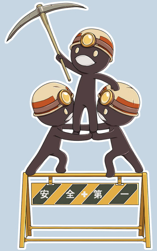 susukinohukurou, ragnarok online, commentary request, 3others, black skin, blue background, colored skin, full body, hard hat, helmet, holding, holding pickaxe, human pyramid, multiple others, open mouth, other focus, pickaxe, pitman (ragnarok online), simple background, traffic barrier