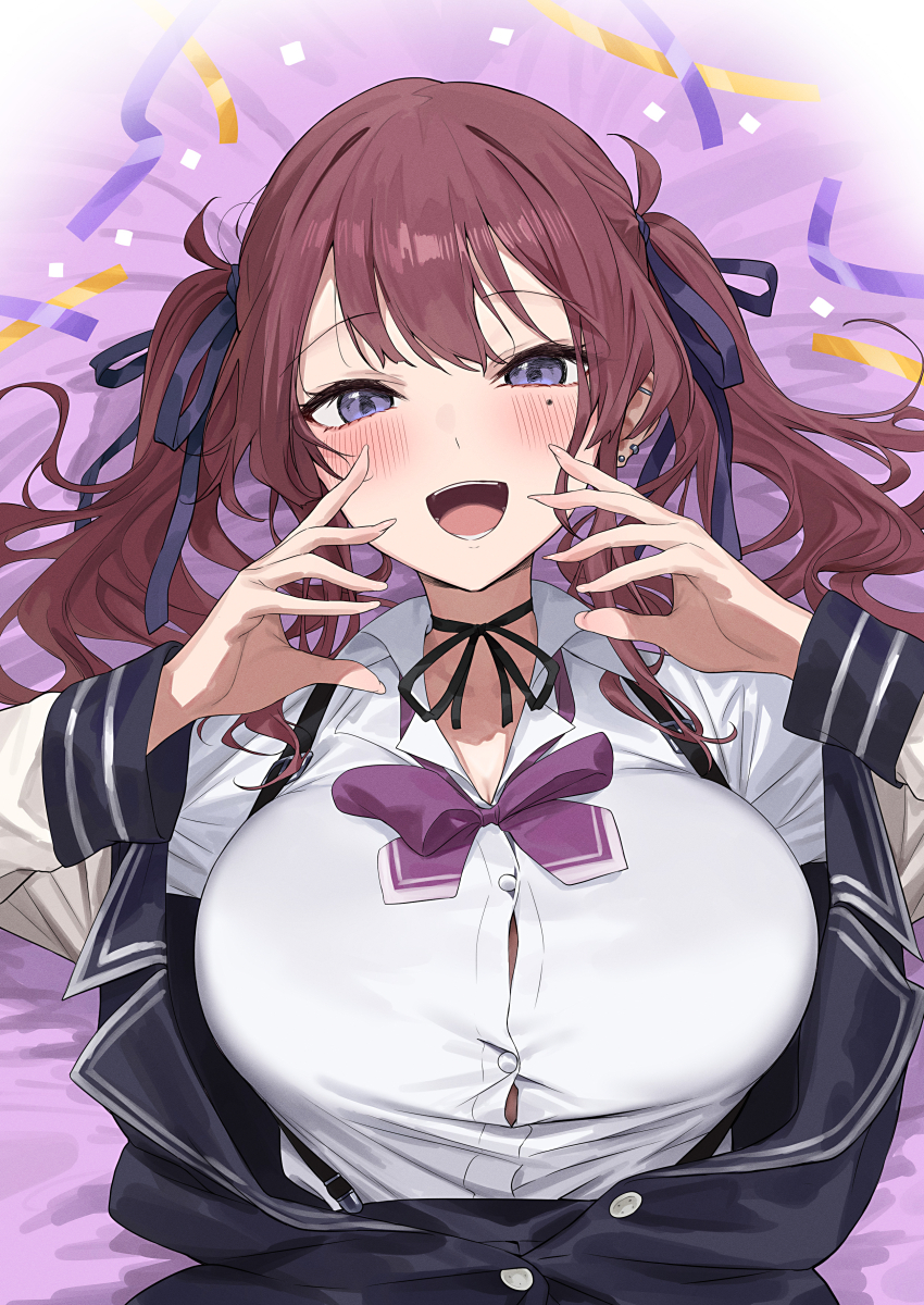 yappen, natsuki karin, cevio, highres, 1girl, blush, breasts, brown hair, button gap, choker, confetti, ear piercing, hair ribbon, jacket, large breasts, looking at viewer, lying, mole, mole under eye, on back, open mouth, partially unbuttoned, piercing, purple eyes, ribbon, shirt, smile, solo, twintails, white shirt