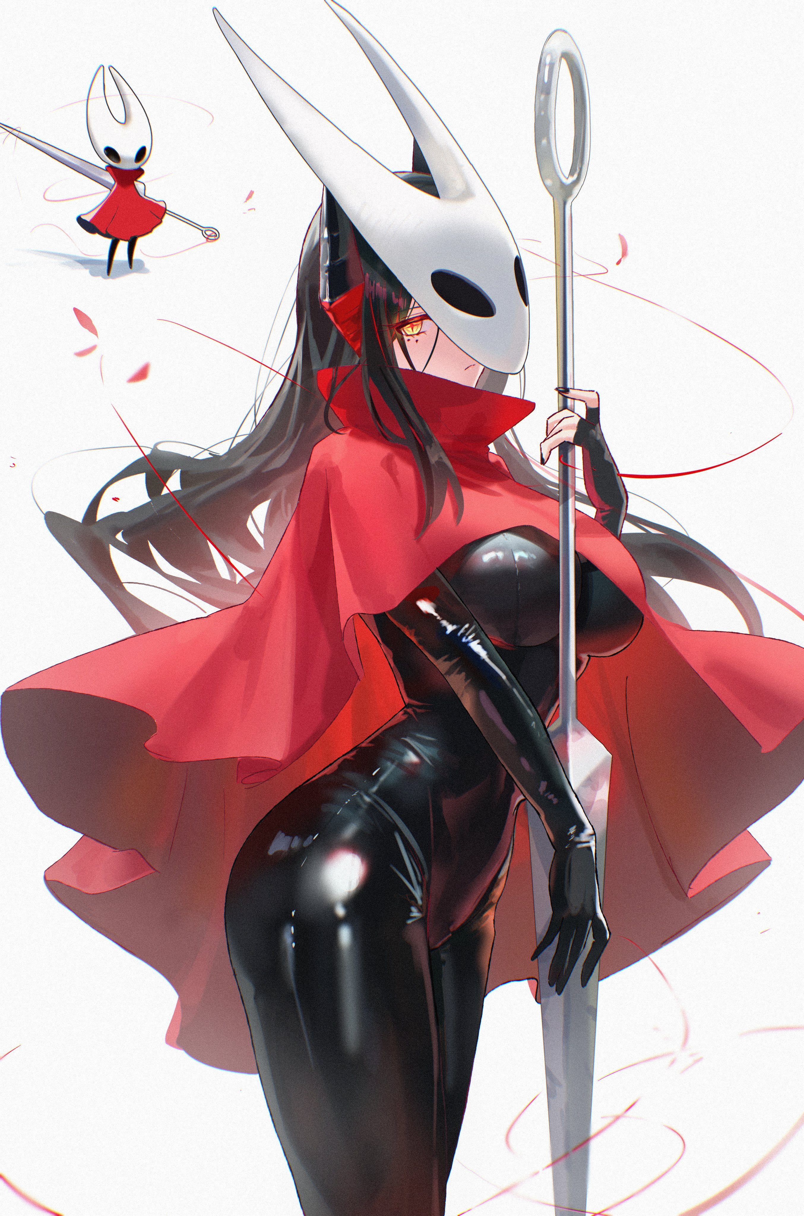 uof, hornet (hollow knight), ines (arknights), arknights, hollow knight, hollow knight: silksong, absurdres, commentary request, highres, 1girl, black bodysuit, bodysuit, cloak, cosplay, holding, holding staff, hornet (hollow knight) (cosplay), latex, latex bodysuit, red cloak, solo, staff, white background, white mask