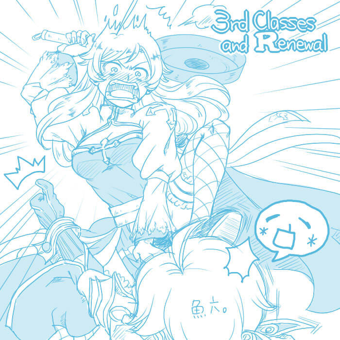 susukinohukurou, arch bishop (ragnarok online), warlock (ragnarok online), ragnarok online, commentary request, 1boy, 1girl, ahoge, angry, blue theme, blush, breasts, cleavage, cleavage cutout, clothing cutout, cross, fishnet thighhighs, fishnets, frilled thighhighs, frills, frying pan, full body, gloves, hetero, holding, holding frying pan, husband and wife, juliet sleeves, long hair, long sleeves, looking at another, medium breasts, monochrome, nose blush, open mouth, puffy sleeves, sash, simple background, smile, thighhighs, thumbs up, v-shaped eyebrows