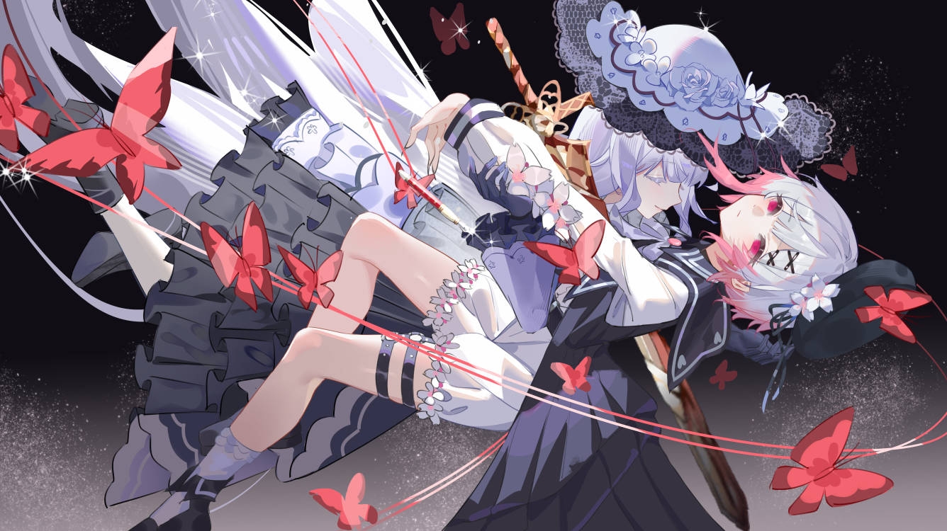 sakuraba ema, mahou shoujo no majo saiban, artist request, chinese commentary, commentary request, commission, second-party source, spoilers, 2girls, beret, black hat, bug, butterfly, closed mouth, dress, flower, frilled dress, frilled sleeves, frills, gradient background, gradient hair, hair flower, hair ornament, hat, hat flower, impaled, insect, leaning back, long hair, long sleeves, looking at viewer, magical girl, multicolored hair, multiple girls, pink eyes, pink hair, profile, red butterfly, short hair, shorts, smile, sword, thigh strap, tsukishiro yuki, weapon, white flower, white hair, white hat, white shorts, x hair ornament