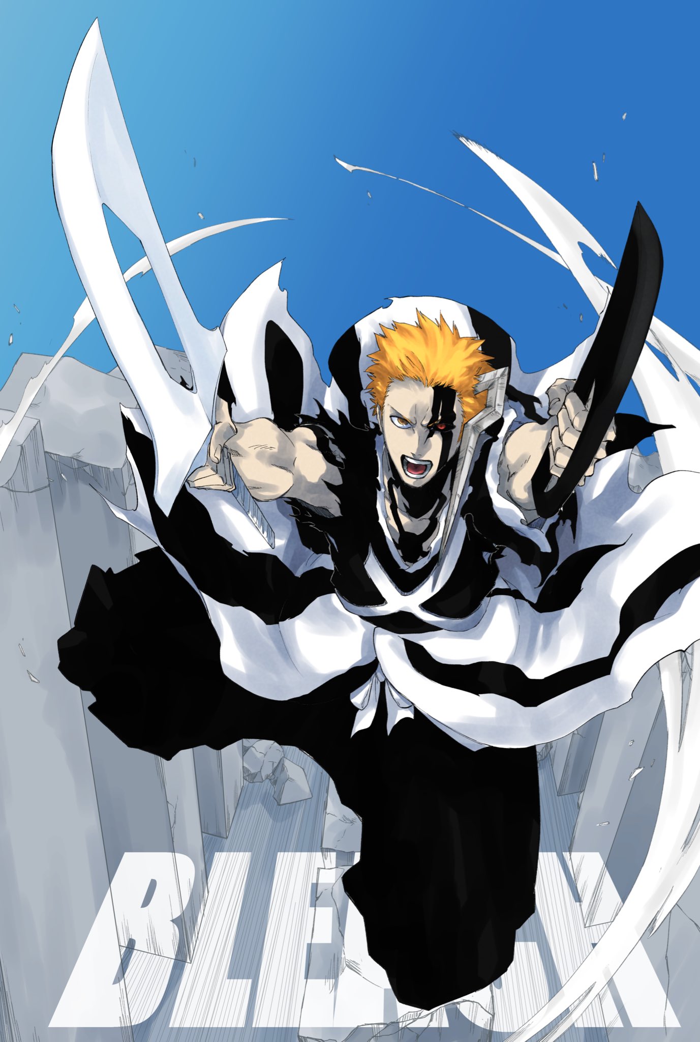 mitu hide43, kurosaki ichigo, bleach, bleach: sennen kessen-hen, highres, 1boy, asymmetrical sleeves, black hakama, black kimono, black sclera, brown eyes, chest tattoo, colored sclera, copyright name, demon horns, facial tattoo, hakama, heterochromia, holding, holding sword, holding weapon, horns, japanese clothes, jumping, kimono, looking at viewer, obi, open mouth, orange hair, red eyes, sash, shihakusho, single horn, solo, sword, tattoo, teeth, torn clothes, torn sleeve, true zangetsu (shikai), weapon, white sash
