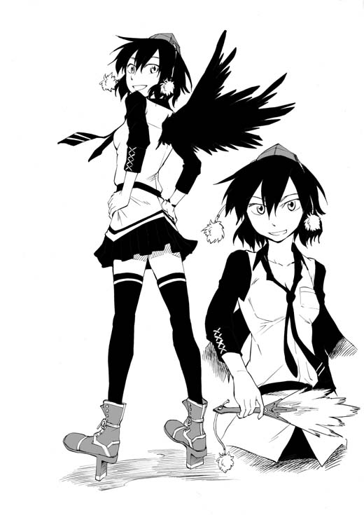 hikawa shou, shameimaru aya, touhou, 1girl, female focus, geta, greyscale, hat, monochrome, tengu-geta, thighhighs, tokin hat