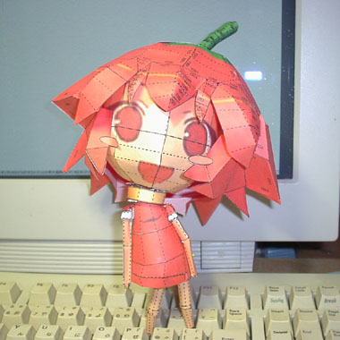 ashinaga ojisan, habanero-tan, original, lowres, papercraft (medium), photo (medium), unconventional media, 1girl, chili pepper, computer, computer keyboard, female focus, habanero pepper, solo