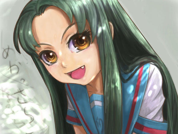 ikara, tsuruya, suzumiya haruhi no yuuutsu, 00s, fang, green hair, long hair, school uniform, serafuku, solo, very long hair