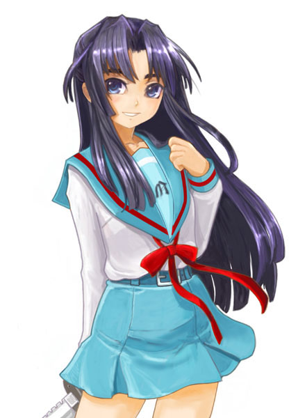 ikara, asakura ryoko, suzumiya haruhi no yuuutsu, 00s, blue eyes, blue hair, knife, school uniform, serafuku, skirt, solo