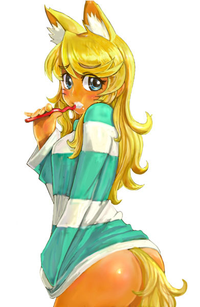 ikara, liru, renkin san-kyuu magical pokaan, striped, 1girl, animal ears, ass, blonde hair, blue eyes, blush, bottomless, brushing teeth, dark-skinned female, dark skin, dog ears, dog tail, extra ears, female focus, naked sweater, no panties, solo, sweater, tail, toothbrush, wolf ears, wolf tail