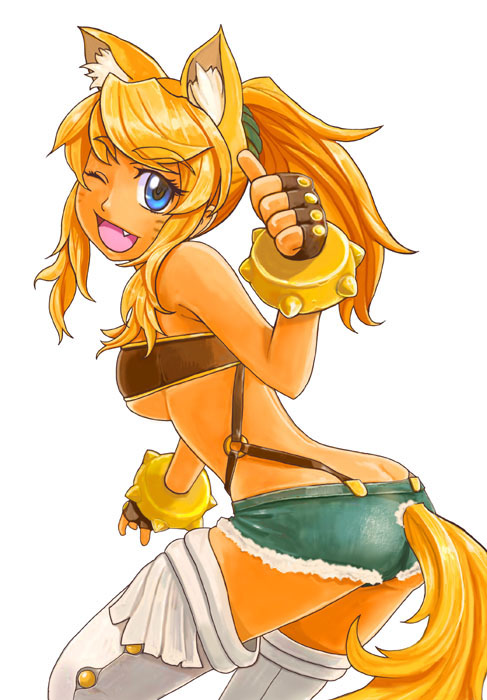 ikara, liru, renkin san-kyuu magical pokaan, 1girl, animal ears, ass, belt bra, blonde hair, blue eyes, bracelet, breasts, butt crack, dark-skinned female, dark skin, denim, denim shorts, dog ears, dog tail, extra ears, fang, female focus, gloves, jewelry, long hair, one eye closed, ponytail, shorts, smile, solo, tail, tail hole, thighhighs, thumbs up, wink, wolf ears, wolf tail