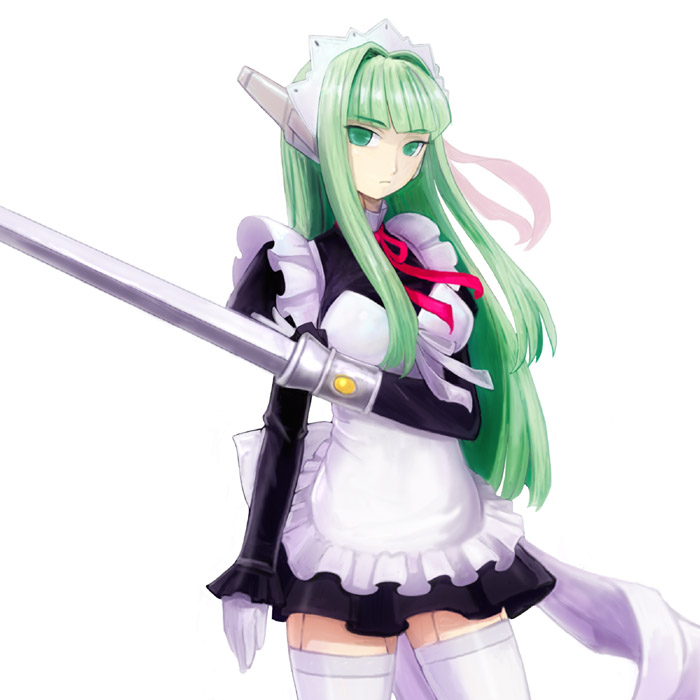 ikara, karakuri chachamaru, mahou sensei negima!, 00s, android, apron, cowboy shot, dress, gloves, green eyes, green hair, hair intakes, long hair, long sleeves, maid, maid apron, robot ears, solo, sword, thighhighs, weapon, white background, white gloves, zettai ryouiki
