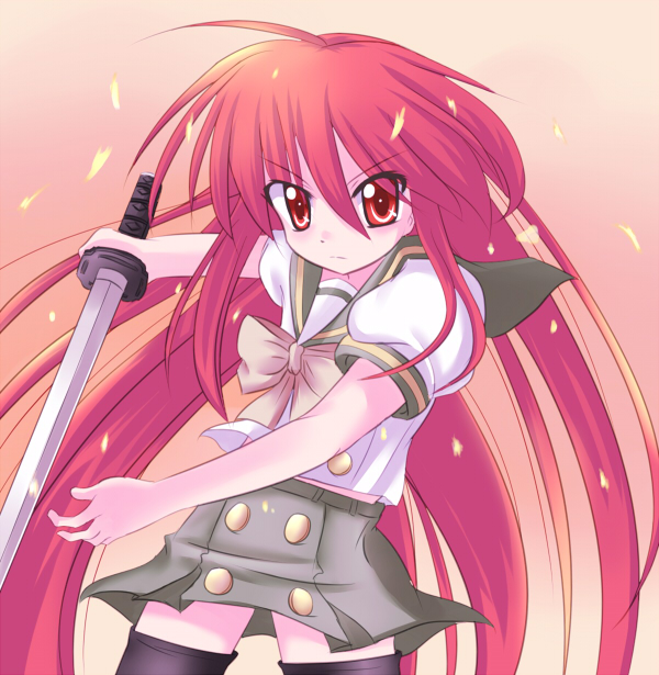 jun (aoerm), shana, shakugan no shana, 00s, long hair, red hair, school uniform, serafuku, sword, thighhighs, weapon