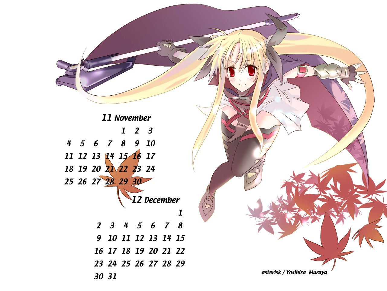 muraya yoshihisa, bardiche (assault form) (nanoha), bardiche (nanoha), fate testarossa, fate testarossa (lightning form), lyrical nanoha, mahou shoujo lyrical nanoha, mahou shoujo lyrical nanoha strikers, 00s, 2007, calendar, december, november, solo, thighhighs, twintails