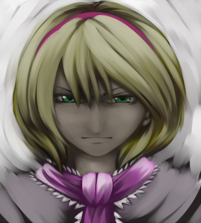 chado, alice margatroid, touhou, lowres, 1girl, angry, female focus, portrait, solo