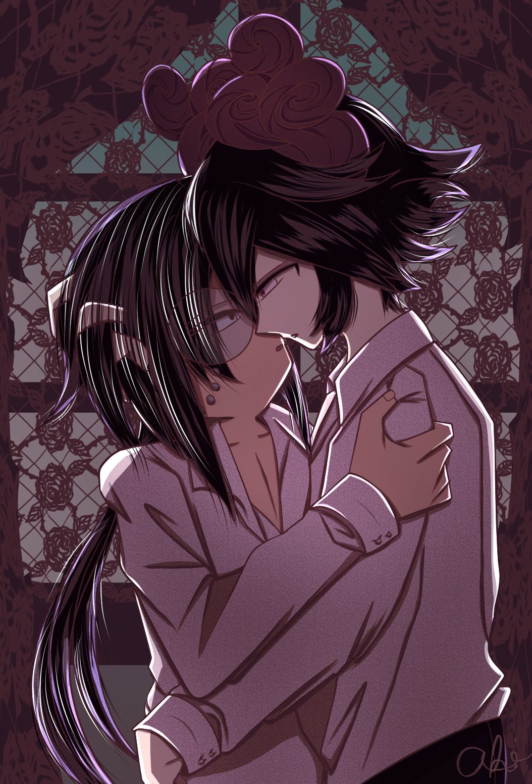 ahinevaeh, satanick (funamusea), funamusea, highres, black hair, curtains, demon, lace, monocle, shirt, victor flankenstein, white shirt, window