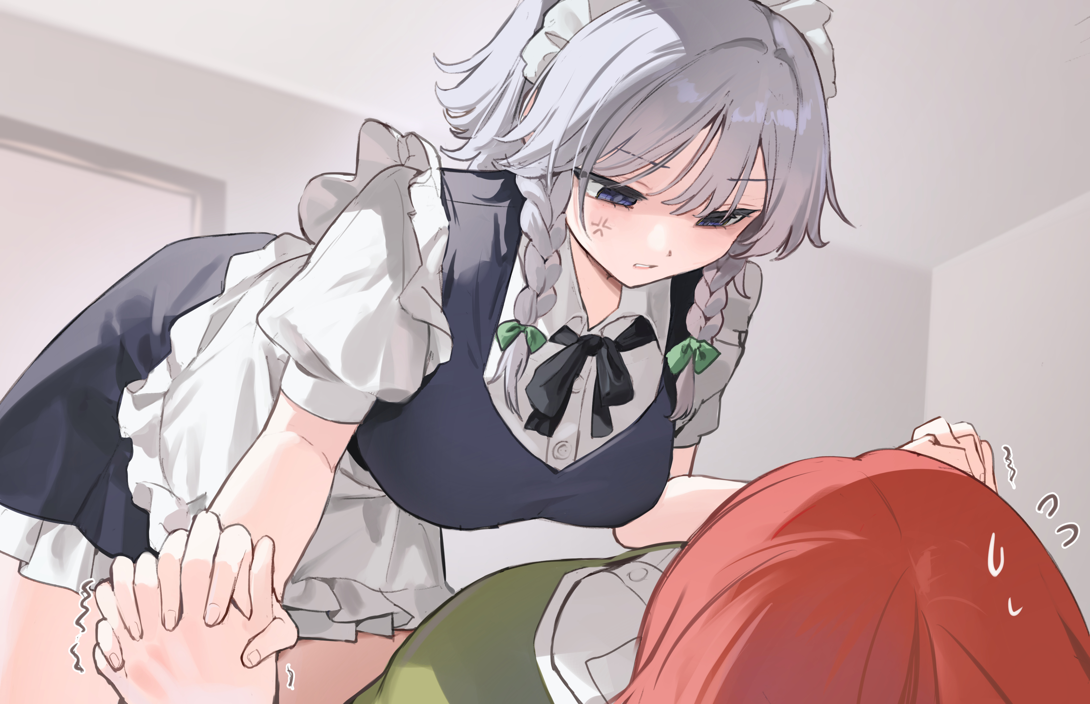 sarukana, hong meiling, izayoi sakuya, touhou, absurdres, commentary, highres, revision, symbol-only commentary, 2girls, anger vein, apron, black ribbon, blue dress, blue eyes, bow, braid, dress, frilled apron, frills, green bow, grey hair, hair bow, holding hands, indoors, interlocked fingers, looking at another, maid, maid apron, maid headdress, multiple girls, neck ribbon, orange hair, parted lips, pinafore dress, puffy short sleeves, puffy sleeves, ribbon, short sleeves, sleeveless, sleeveless dress, solo focus, trembling, twin braids, white apron, yuri