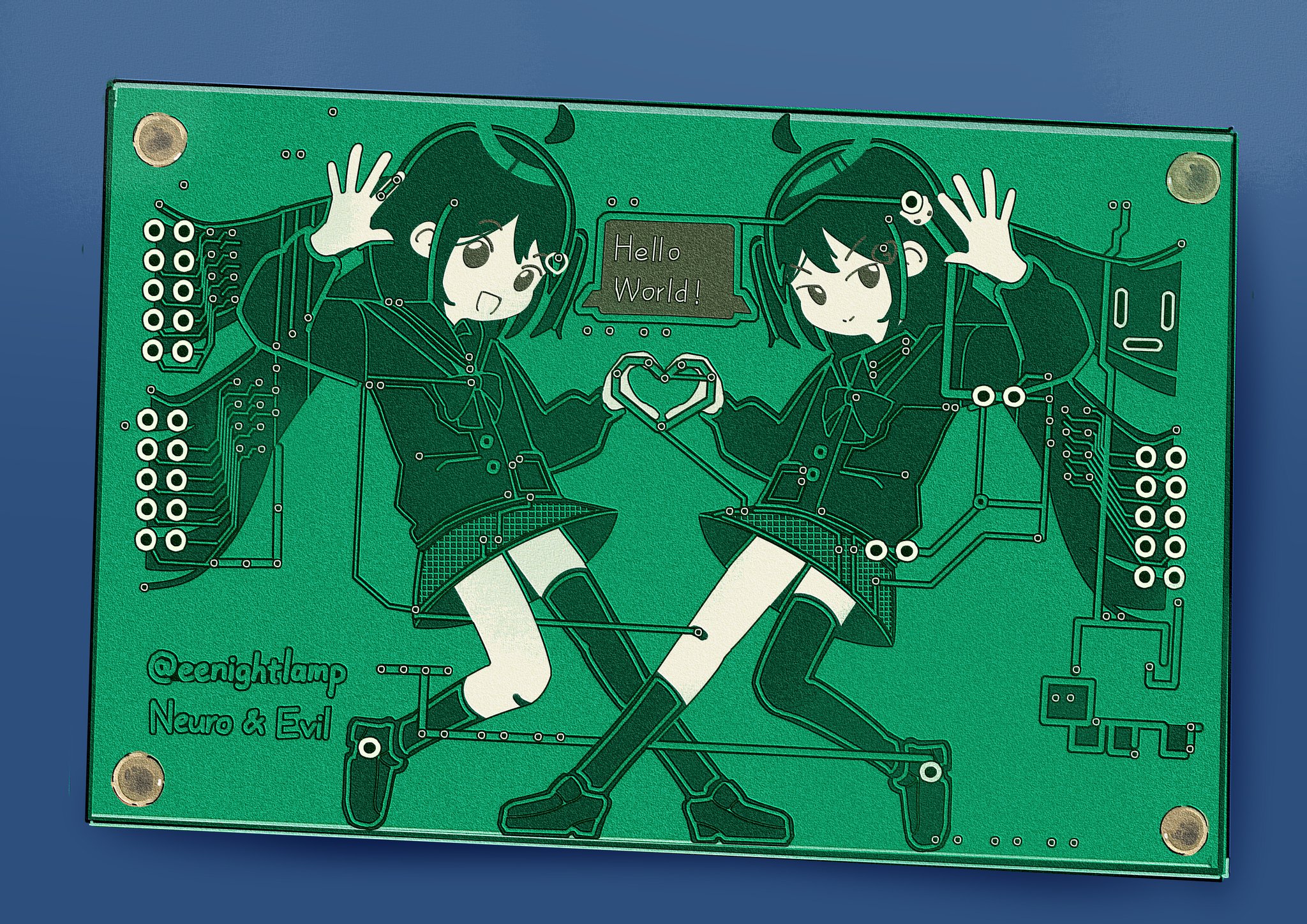 eenightlamp, evil neuro-sama, neuro-sama, commentary, english commentary, highres, 2girls, ahoge, asymmetrical legwear, bow, bowtie, cardigan, circuit board print, closed mouth, from side, full body, hair ornament, hand up, heart, heart hands, loafers, long hair, long sleeves, looking at viewer, multiple girls, open mouth, school uniform, shoes, siblings, single sock, single thighhigh, sisters, skirt, skull hair ornament, socks, thighhighs, twins, twitter username, two side up, uneven legwear, vedal ai, virtual youtuber