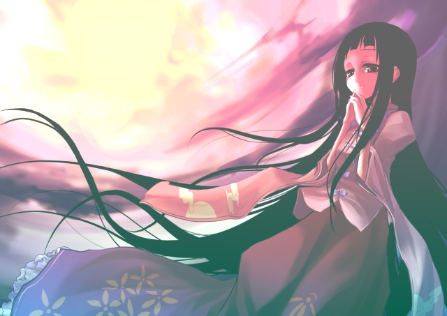 beshi, houraisan kaguya, touhou, 1girl, female focus, gradient background, sky, solo, sunset