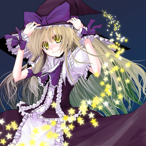 beshi, kirisame marisa, touhou, lowres, 1girl, blonde hair, bow, female focus, frills, hair bow, hand on headwear, hat, long hair, smile, solo, star (symbol), witch hat, wrist cuffs, yellow eyes