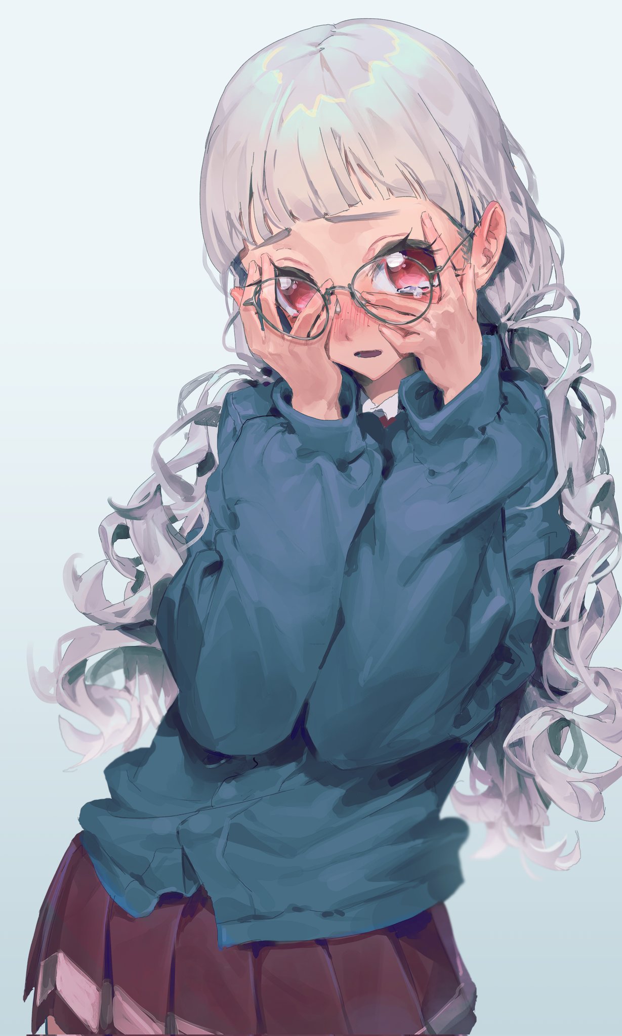 cf sdg, koda michiru, idol time pripara, pretty series, pripara, hashtag-only commentary, highres, 1girl, avocado academy school uniform, blue jacket, blunt bangs, cowboy shot, glasses, grey background, grey hair, hands on own face, hands up, jacket, long hair, long sleeves, looking at viewer, low twintails, open mouth, pleated skirt, red eyes, red skirt, school uniform, shy, simple background, skirt, solo, standing, tearing up, twintails, very long hair, wavy hair