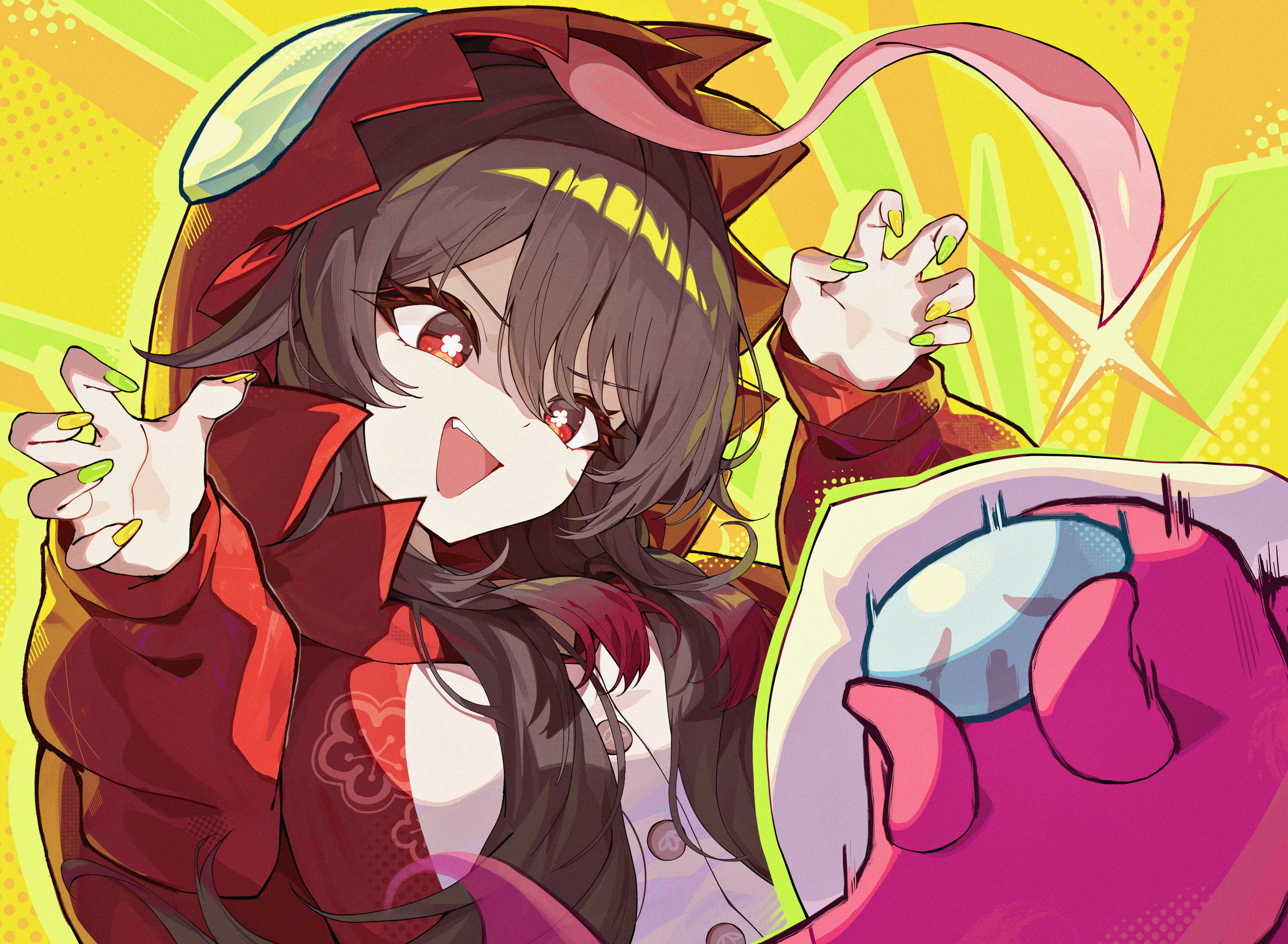 pellas (panix2383), boo tao (genshin impact), hu tao (genshin impact), red (among us), among us, genshin impact, highres, 1girl, brown hair, claw pose, cosplay, flower-shaped pupils, green nails, hood, hooded jacket, jacket, long hair, long sleeves, looking at another, multicolored nails, nail polish, open mouth, red (among us) (cosplay), red eyes, red jacket, scared, symbol-shaped pupils, teeth, tongue, upper body, upper teeth only, v-shaped eyebrows, yellow nails