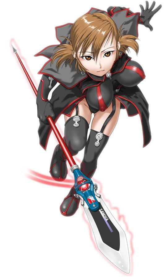 makochin, original, 1girl, brown eyes, brown hair, female focus, polearm, short hair, short twintails, simple background, solo, spear, thighhighs, twintails, weapon, white background