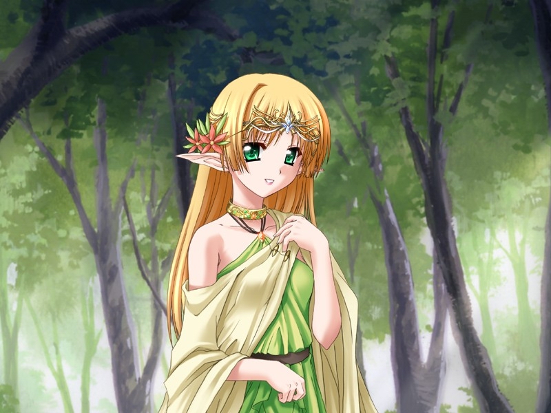 kannatsuki noboru, maou to odore!, game cg, source request, 1girl, bare shoulders, blonde hair, elf, female focus, forest, green eyes, long hair, nature, pointy ears, solo