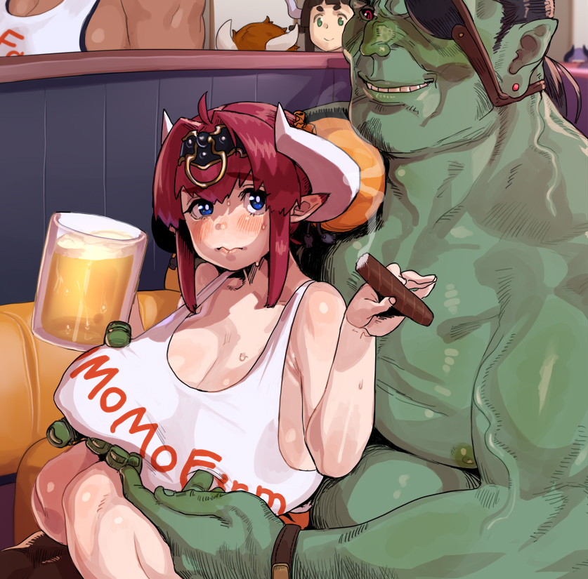 gen'en (sioherashi), kuu fearse, original, tagme, 1boy, 1girl, alcohol, bare arms, bare shoulders, beer, beer mug, blue eyes, blush, bracelet, breasts, cleavage, closed mouth, embarrassed, grabbing another's breast, groping, groping breast, height difference, horns, huge breasts, jewelry, large breasts, looking at another, looking down, looking to the side, mug, muscular, muscular male, orc, red eyes, red hair, shirtless male, shortstack, size difference, smoke, smoke trail, sweat, tank top, white horns, white tank top