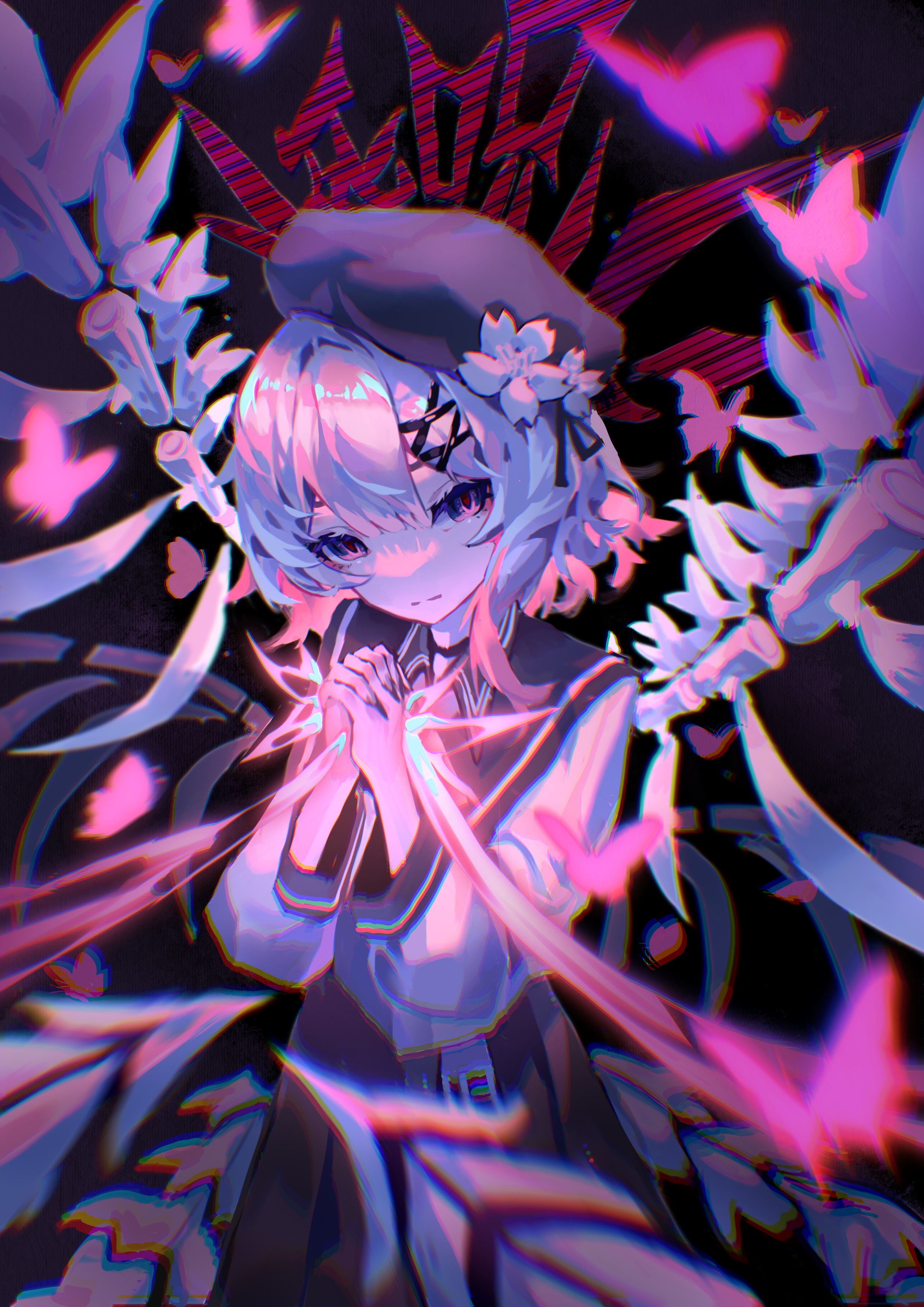 sakuraba ema, mahou shoujo no majo saiban, absurdres, chinese commentary, commentary request, highres, spoilers, 1girl, beret, black background, black hat, black nails, blurry, blurry foreground, bug, butterfly, cherry blossoms, chromatic aberration, dark persona, empty eyes, expressionless, fingernails, flower, glowing, gradient hair, hair flower, hair ornament, hand on own hip, hands up, hat, insect, interlocked fingers, long sleeves, looking at viewer, magical girl, multicolored hair, pink eyes, pink hair, sharp fingernails, short hair, skeletal wings, solo, standing, white flower, white hair, wings, x hair ornament, xiao xiao xiaoye lu
