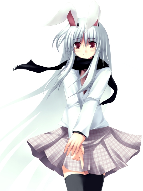 tateha (marvelous grace), reisen udongein inaba, touhou, 1girl, alternate costume, animal ears, black scarf, black thighhighs, blue hair, female focus, plaid clothes, plaid scarf, rabbit ears, red eyes, scarf, simple background, solo, thighhighs, white background, zettai ryouiki