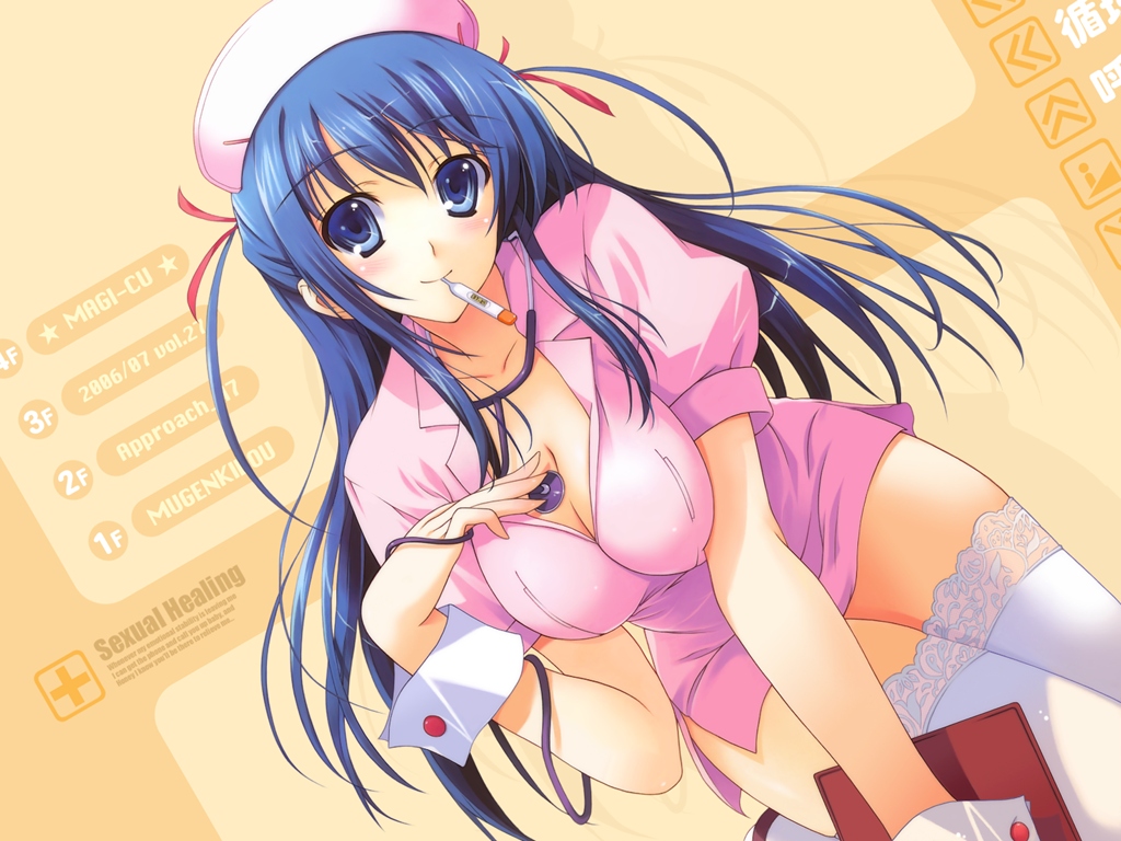 tomose shunsaku, 1girl, blue eyes, blue hair, breasts, cleavage, female focus, long hair, matching hair/eyes, nurse, solo, stethoscope, thermometer, thighhighs, zettai ryouiki