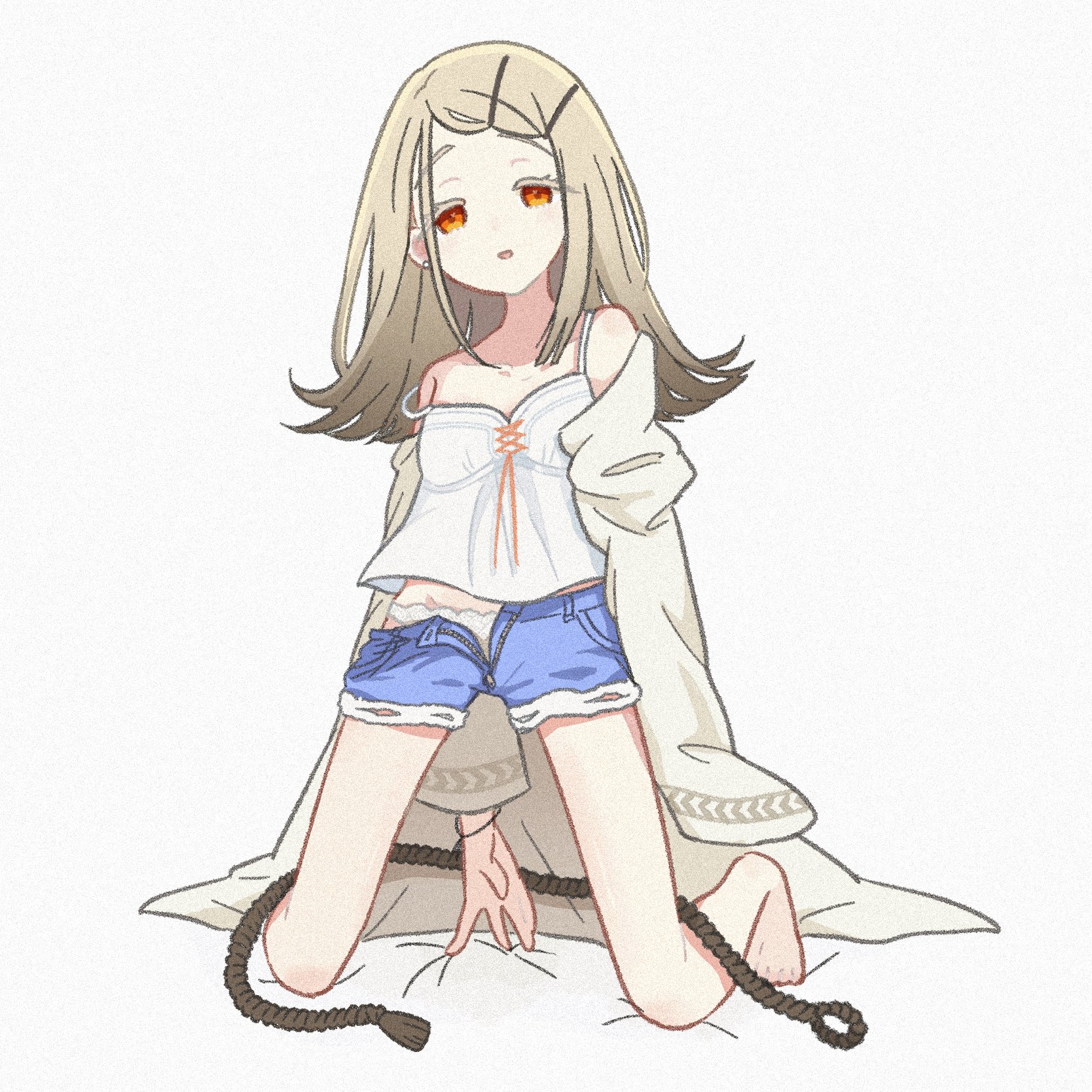 shinosawa hiro, gakuen idolmaster, idolmaster, highres, 1girl, bare shoulders, barefoot, blue shorts, brown hair, camisole, coat, cutoffs, film grain, full body, groin, hair ornament, hairclip, heavy film grain, kawa li mono, kneeling, long hair, looking at viewer, open mouth, orange eyes, panties, panty peek, rope, shirt, short shorts, shorts, simple background, smile, solo, strap slip, underwear, white background, white coat, white panties, white shirt