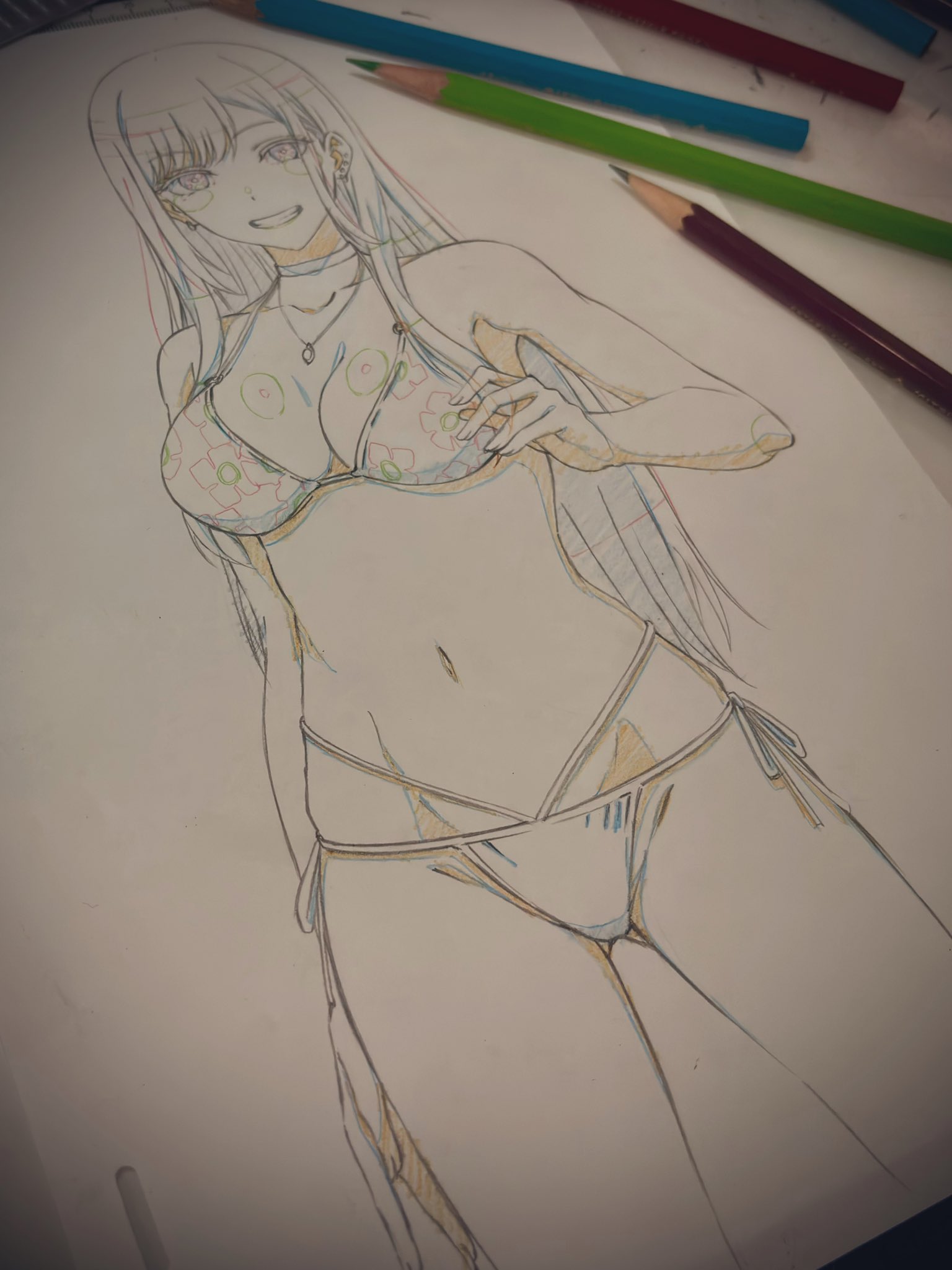 uemiko6, kitagawa marin, sono bisque doll wa koi wo suru, graphite (medium), highres, photo (medium), traditional media, 1girl, art tools in frame, bikini, breasts, choker, colored pencil, floral print bikini, jewelry, long hair, necklace, paper, pencil, side-tie bikini bottom, sketch, solo, stomach, swimsuit