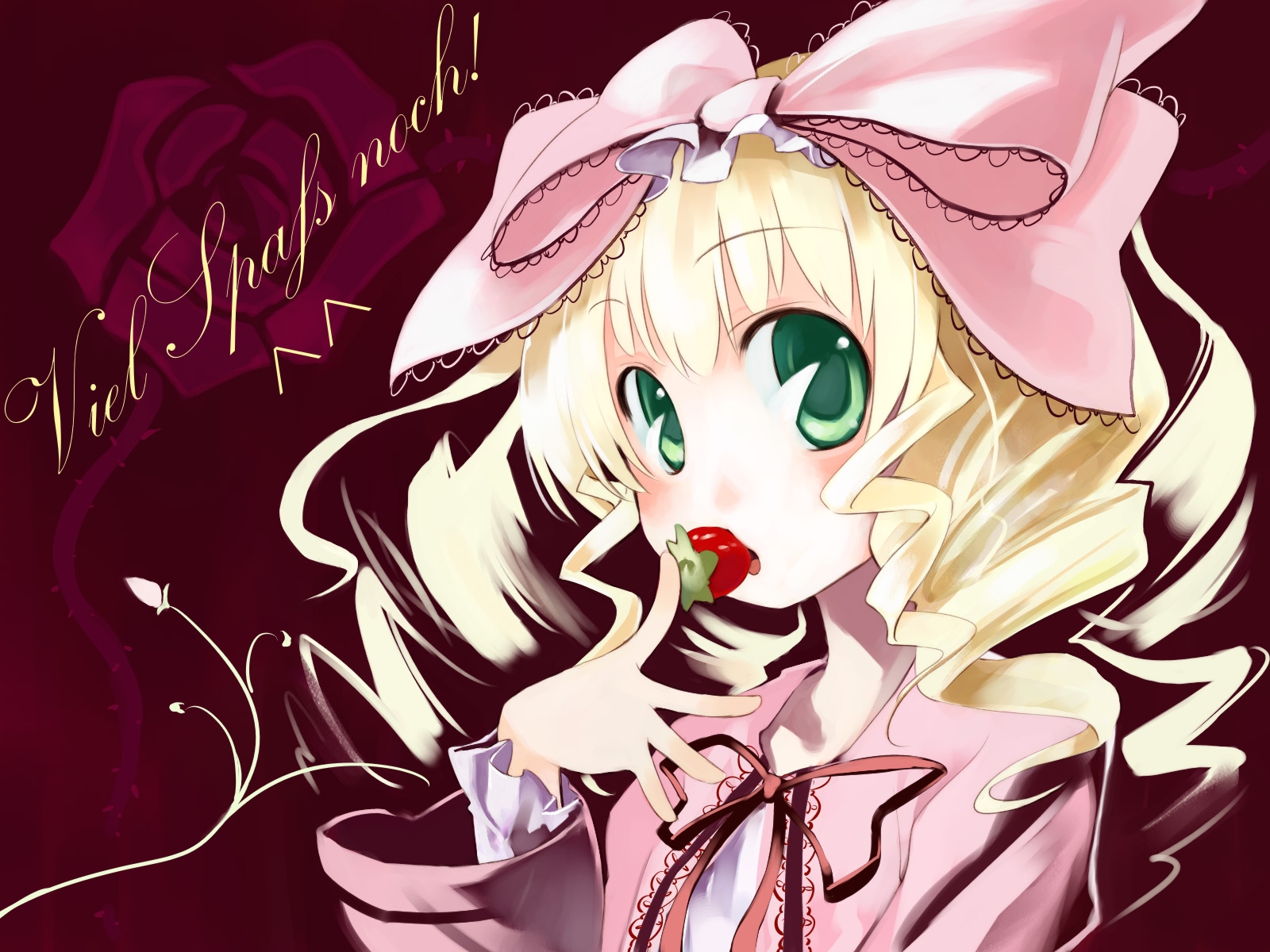 ushiki yoshitaka, hinaichigo, rozen maiden, highres, 00s, 1girl, blonde hair, blush, bow, drill hair, food, fruit, german text, green eyes, hair bow, name connection, object namesake, ribbon, strawberry