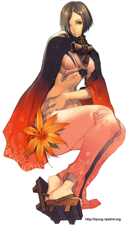 kim hyung tae, serina, magna carta, magna carta crimson stigmata, brown eyes, brown hair, flower, geta, hair over one eye, midriff, short hair, simple background, sitting, skirt, solo
