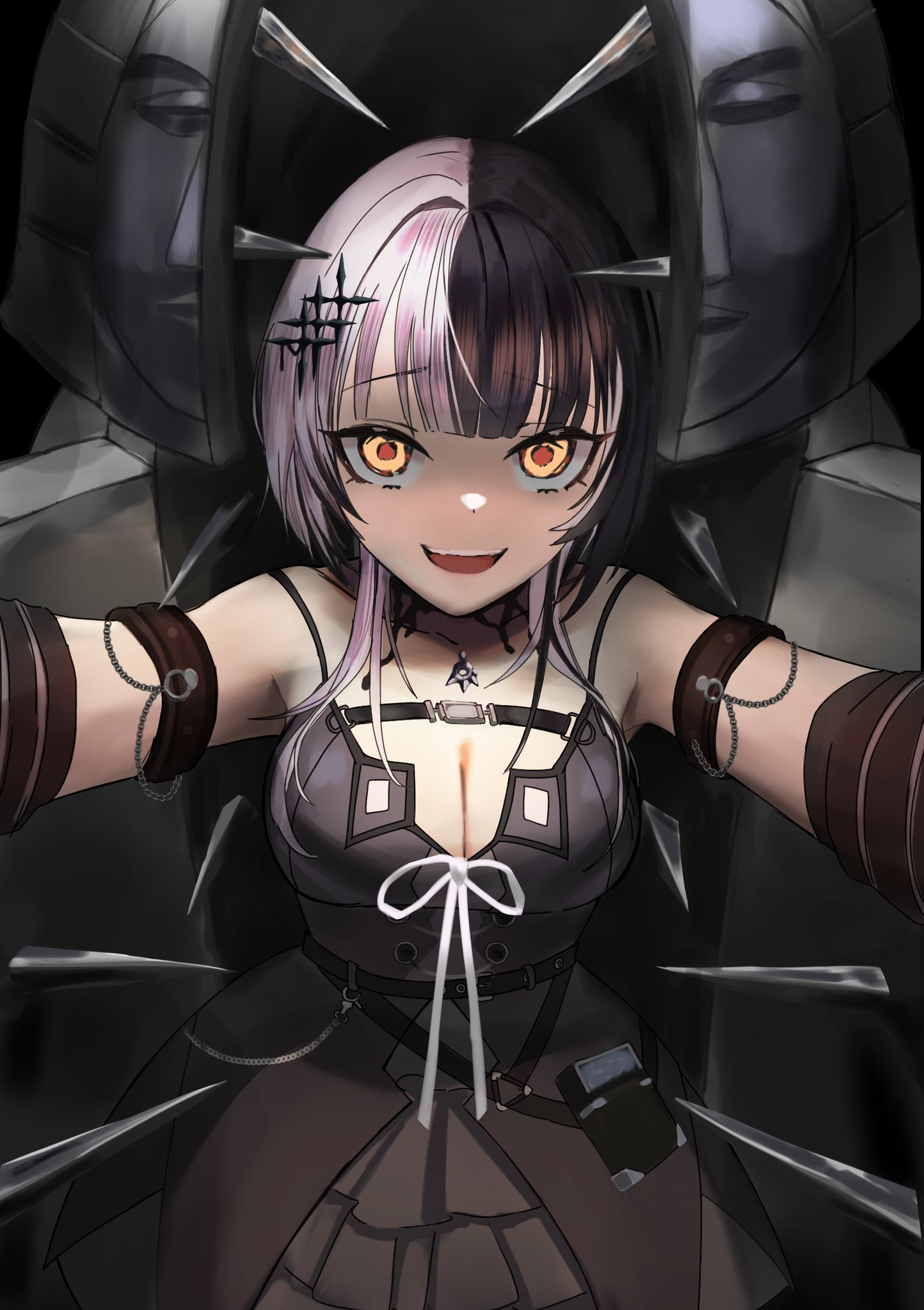shiori novella, shiori novella (1st costume), hololive, hololive english, highres, 1girl, arm strap, black arm warmers, black choker, black dress, black hair, breasts, choker, cleavage, dress, grey hair, iron maiden, large breasts, long hair, looking at viewer, loricart01, multicolored hair, open mouth, ribbon, solo, split-color hair, striped arm warmers, teeth, two-tone hair, upper teeth only, virtual youtuber, white ribbon, yellow eyes
