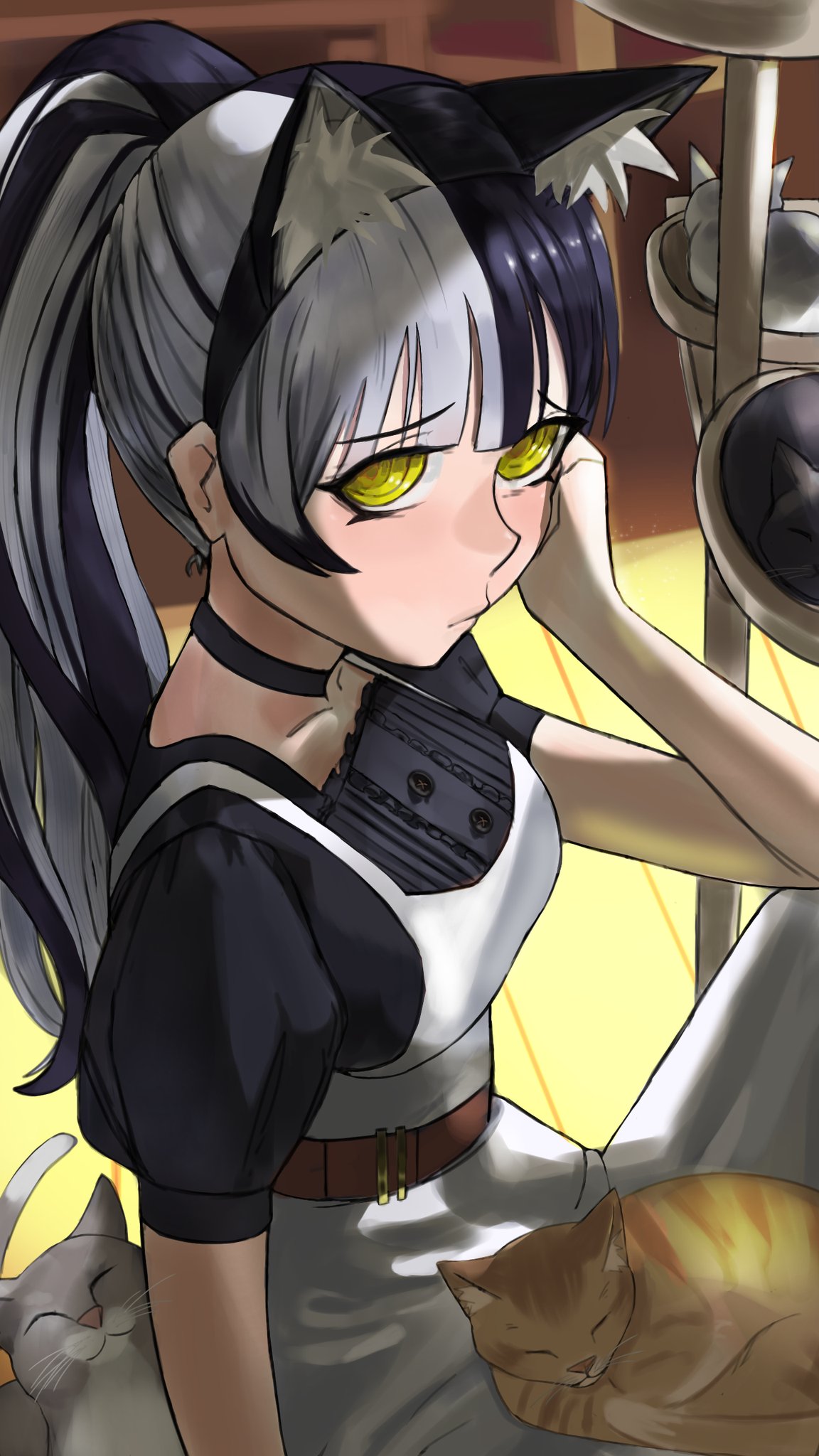shiori novella, hololive, hololive english, highres, 1girl, alternate costume, animal, animal ears, black choker, black hair, black shirt, cat, cat ears, cat tower, choker, closed mouth, dress, fake animal ears, grey hair, looking at viewer, loricart01, multicolored hair, ponytail, shirt, solo, split-color hair, two-tone hair, virtual youtuber, white dress, yellow eyes