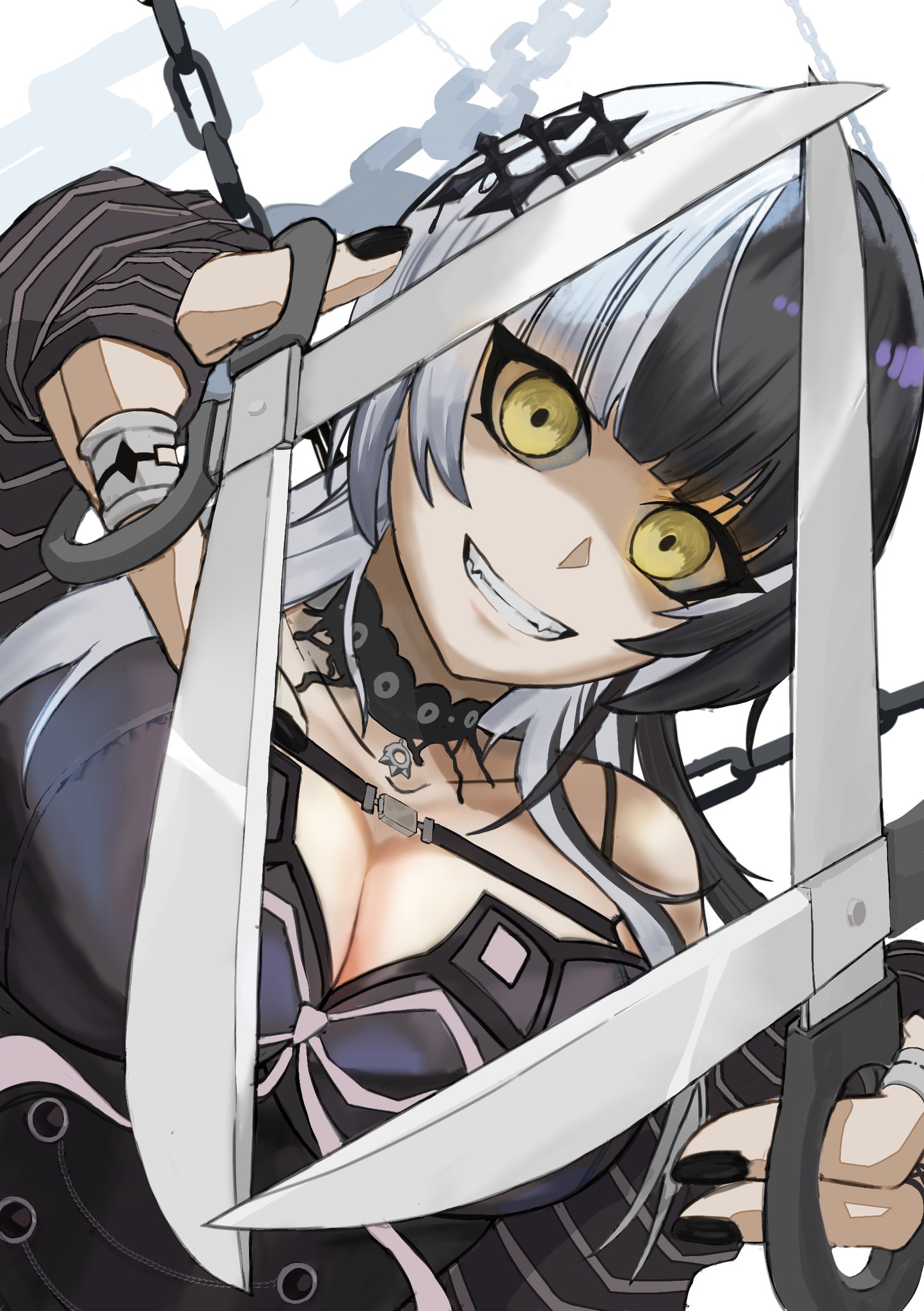 shiori novella, shiori novella (1st costume), hololive, hololive english, highres, 1girl, black arm warmers, black choker, black dress, black hair, breasts, chain, choker, cleavage, dress, dual wielding, grey hair, grin, holding, holding scissors, jewelry, large breasts, long hair, looking at viewer, loricart01, multicolored hair, ribbon, ring, scissors, smile, solo, split-color hair, striped arm warmers, teeth, two-tone hair, virtual youtuber, white ribbon, yellow eyes
