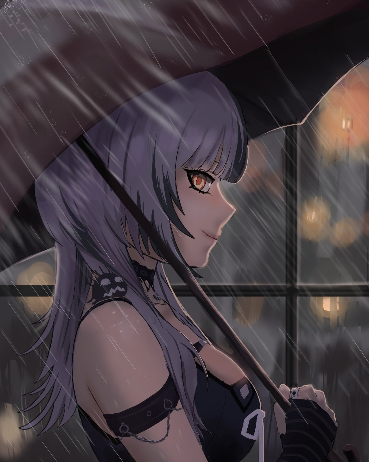 shiori novella, shiori novella (1st costume), yorick (shiori novella), hololive, hololive english, highres, 1girl, arm strap, black arm warmers, black choker, black dress, black hair, breasts, choker, closed mouth, dress, grey hair, holding, holding umbrella, jewelry, large breasts, long hair, loricart01, multicolored hair, outdoors, rain, ribbon, ring, smile, solo, striped arm warmers, two-tone hair, umbrella, virtual youtuber, white ribbon, window, yellow eyes