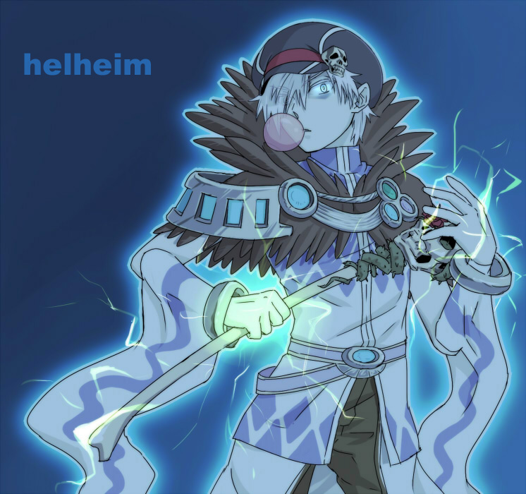 susukinohukurou, sorcerer (ragnarok online), ragnarok online, commentary request, 1boy, argyle clothes, argyle shirt, black hat, blowing bubble gum, blue background, blue eyes, brown pants, chewing gum, cowboy shot, detached sleeves, electricity, electrokinesis, eyes visible through hair, fur collar, grey hair, hair over one eye, hat, hat ornament, holding, holding staff, looking at viewer, male focus, newsboy cap, pants, shirt, short hair, simple background, skull, skull hat ornament, solo, staff, white shirt, white sleeves