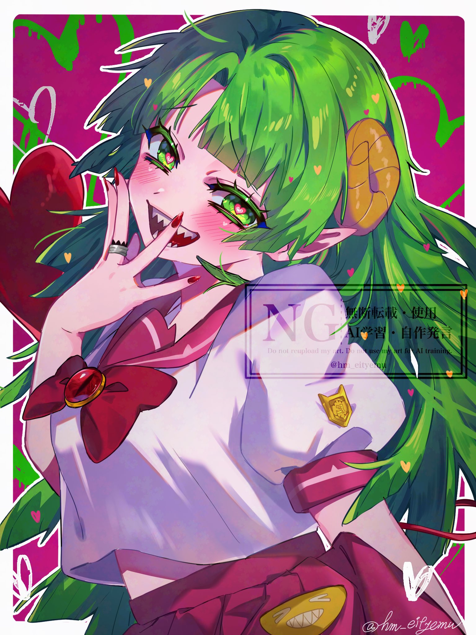 hm eityemu, valac clara, mairimashita! iruma-kun, highres, 1girl, babyls school uniform, blush, border, bow, bowtie, brooch, colored eyelashes, curled horns, demon girl, demon horns, demon tail, green eyes, green hair, heart, heart-shaped pupils, heart tail, horns, jewelry, looking at viewer, open mouth, outline, outside border, pink sailor collar, pink skirt, pocket, pointy ears, puffy short sleeves, puffy sleeves, red bow, red bowtie, red nails, ring, sailor collar, school uniform, serafuku, sharp teeth, shirt, short sleeves, skirt, smile, solo, symbol-shaped pupils, tail, teeth, twitter username, watermark, white border, white outline, white shirt