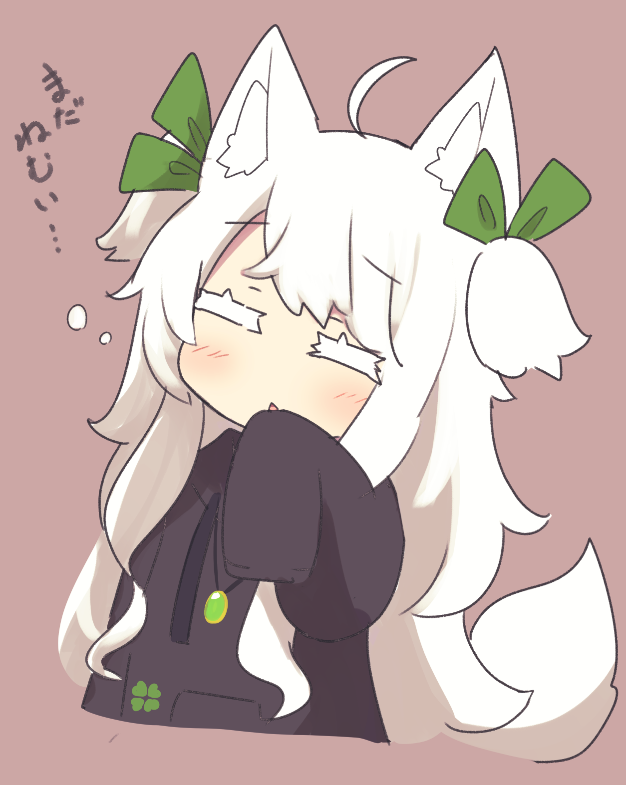 saisoku no yukkuri, original, commentary request, highres, translation request, 1girl, ahoge, animal ear fluff, animal ears, black hoodie, blush, brown background, closed eyes, colored eyelashes, cropped torso, drawstring, fox ears, fox girl, fox tail, green ribbon, hair ribbon, hand up, hood, hood down, hoodie, long hair, long sleeves, parted lips, ribbon, simple background, sleeves past fingers, sleeves past wrists, solo, tail, two side up, upper body, very long hair, white hair