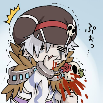 susukinohukurou, sorcerer (ragnarok online), ragnarok online, commentary request, lowres, 1boy, black hat, blood, blue background, closed eyes, detached sleeves, fur collar, hat, hat ornament, male focus, newsboy cap, nosebleed, open mouth, short hair, skull, skull hat ornament, solo, trembling, upper body, white sleeves