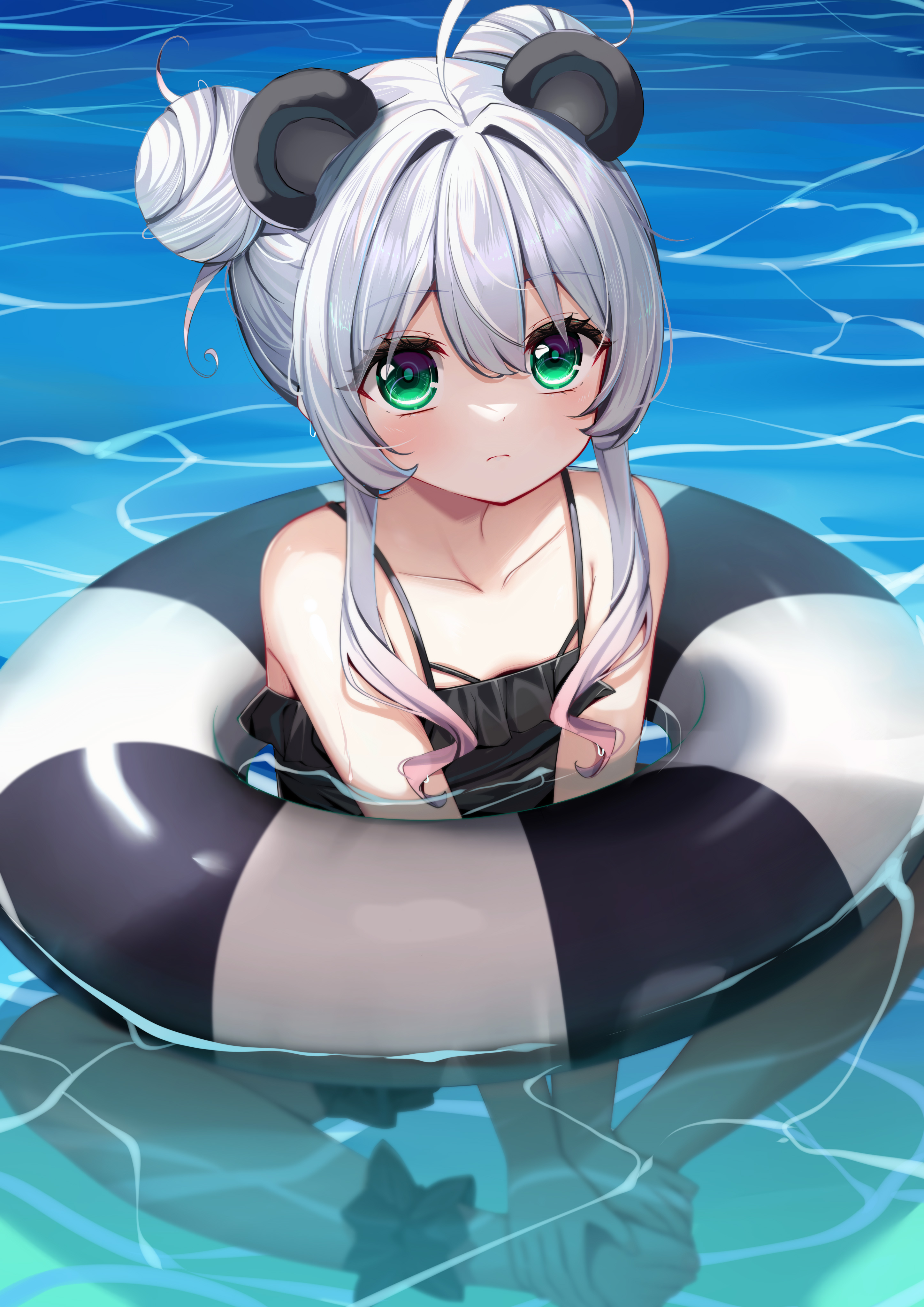 ikazu401, original, absurdres, commentary, highres, 1girl, ahoge, animal ears, bare arms, bare shoulders, barefoot, black one-piece swimsuit, closed mouth, collarbone, day, double bun, frilled one-piece swimsuit, frills, gradient hair, green eyes, grey hair, hair between eyes, hair bun, hair intakes, innertube, light frown, long hair, looking at viewer, multicolored hair, one-piece swimsuit, outdoors, pink hair, solo, swim ring, swimsuit, water