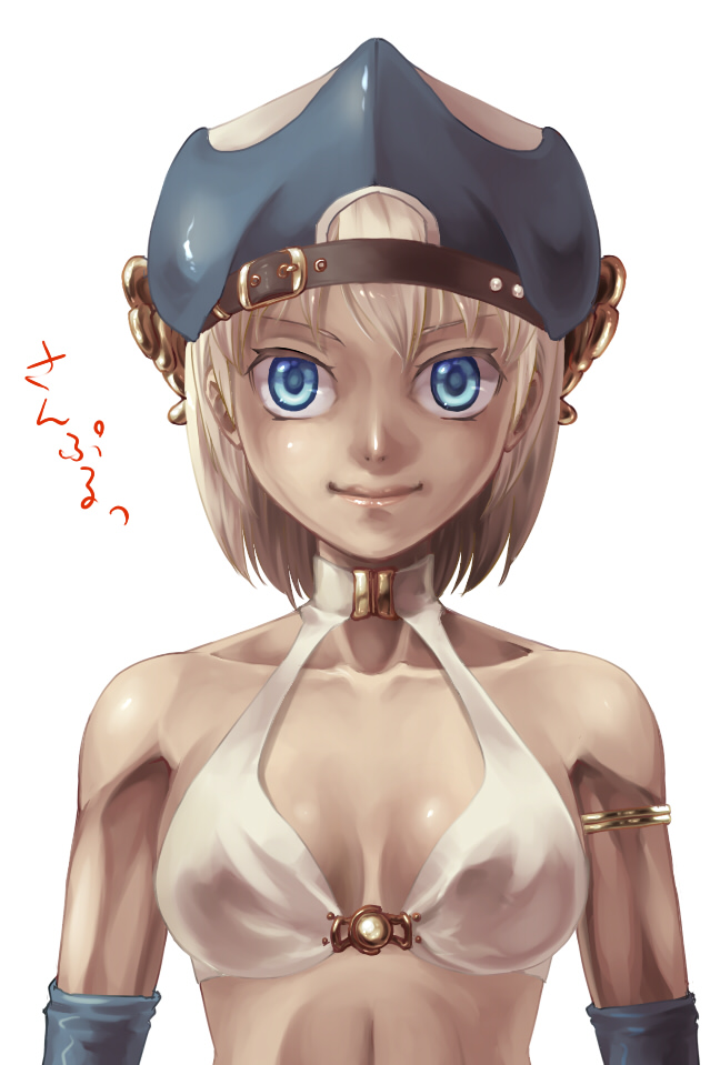 susukinohukurou, whitesmith (ragnarok online), ragnarok online, commentary request, 1girl, bikini, blonde hair, blue eyes, blue gloves, blue hat, breasts, closed mouth, elbow gloves, gloves, hat, looking at viewer, medium breasts, short hair, simple background, smile, solo, swimsuit, white background, white bikini